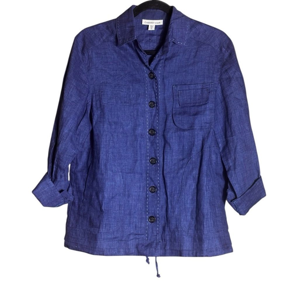 Coldwater Creek Blue Button Front Linen Shirt‎ Jacket Size PS Small 6-8 📦